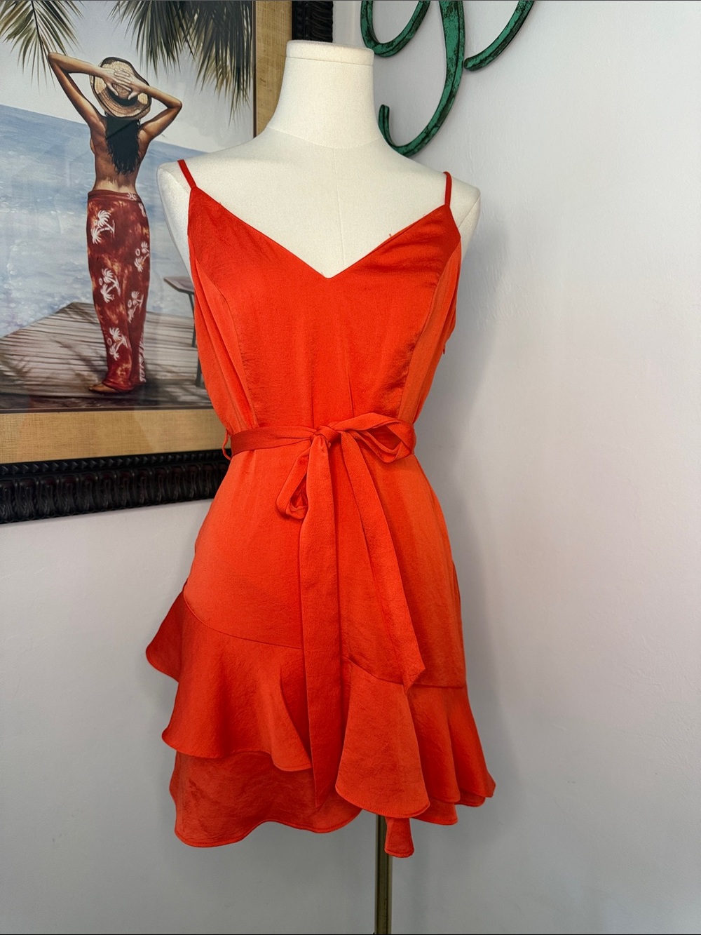 Express Red-Orange Spaghetti Strap Ruffle Mini Dress